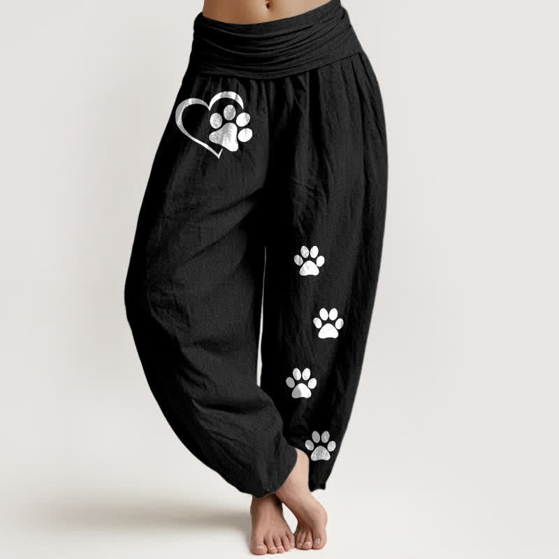 Buddha Stones Harembroek voor dames met elastische Taille en hartjes- en pootafdrukpatroon van 100% Cotton - Zwart - US16, UK/AU20, EU48 (3XL) - image 0