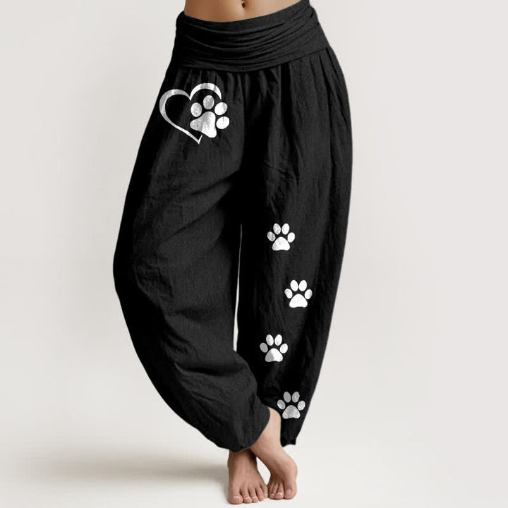 Buddha Stones Harembroek voor dames met elastische Taille en hartjes- en pootafdrukpatroon van 100% Cotton - Zwart - US16, UK/AU20, EU48 (3XL) - image 0