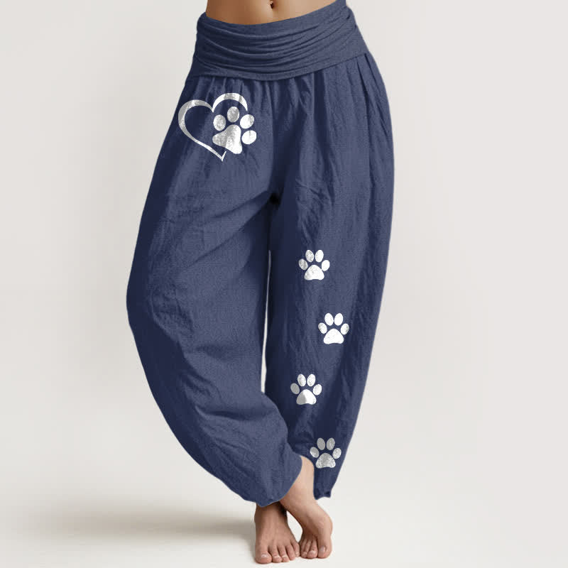 Buddha Stones Harembroek voor dames met elastische Taille en hartjes- en pootafdrukpatroon van 100% Cotton - Donker leisteenblauw - US16, UK/AU20, EU48 (3XL) - image 5