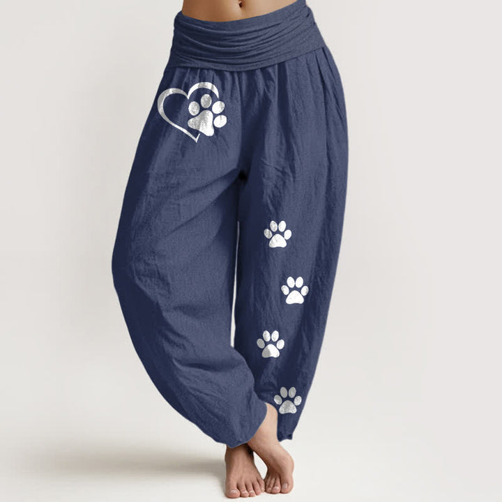 Buddha Stones Harembroek voor dames met elastische Taille en hartjes- en pootafdrukpatroon van 100% Cotton - Donker leisteenblauw - US16, UK/AU20, EU48 (3XL) - image 5