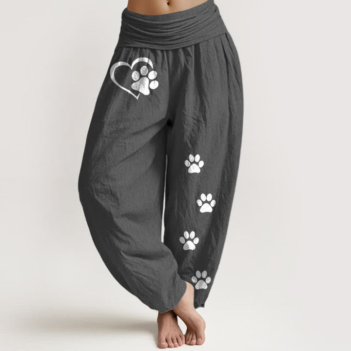 Buddha Stones Harembroek voor dames met elastische Taille en hartjes- en pootafdrukpatroon van 100% Cotton - Donkergrijs - US16, UK/AU20, EU48 (3XL) - image 8