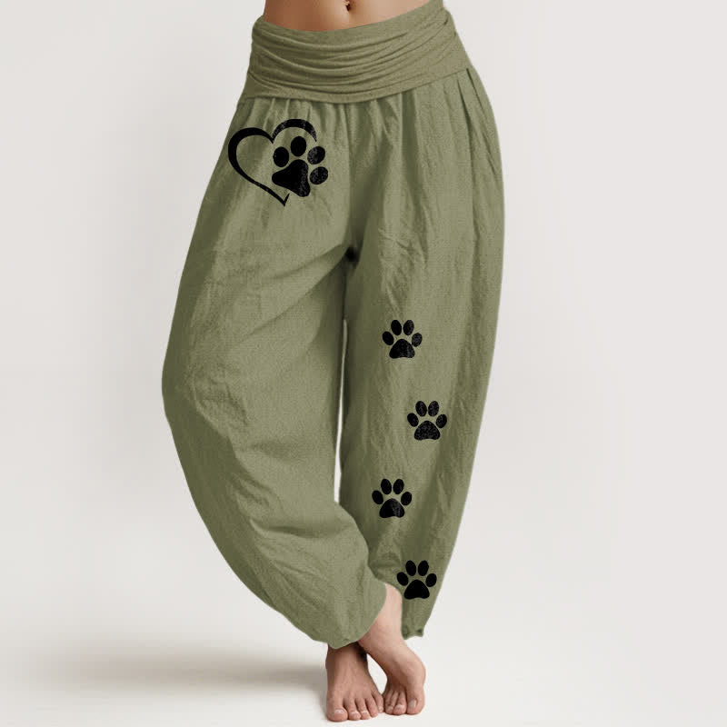 Buddha Stones Harembroek voor dames met elastische Taille en hartjes- en pootafdrukpatroon van 100% Cotton - Olijfgroen - US16, UK/AU20, EU48 (3XL) - image 11
