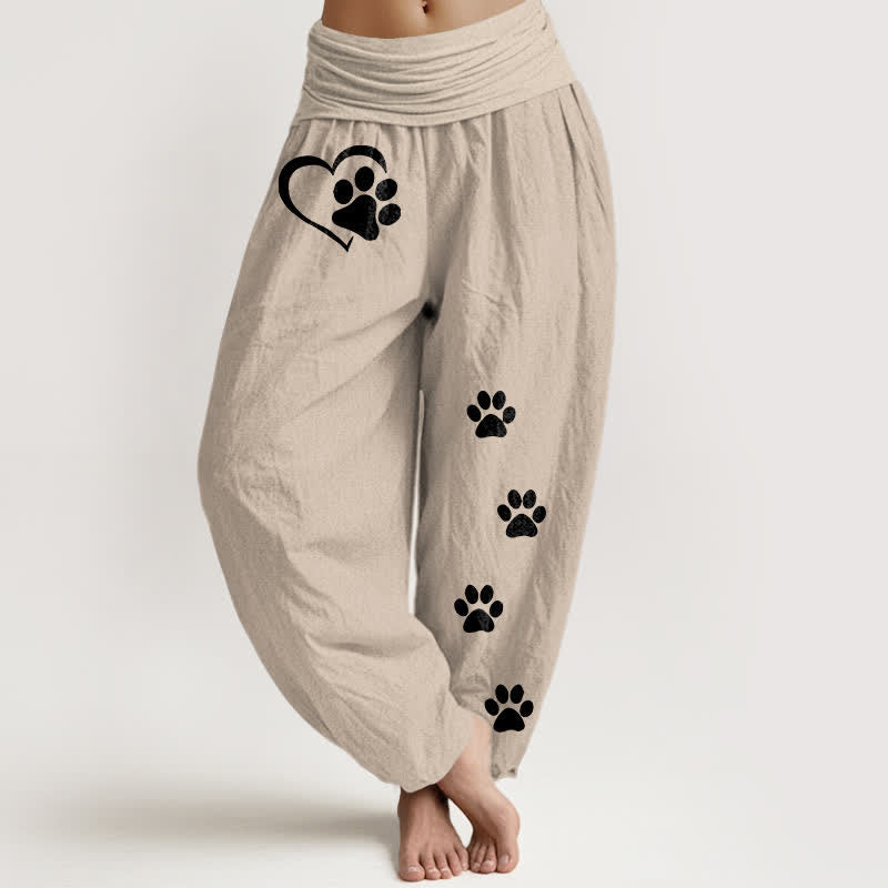 Buddha Stones Harembroek voor dames met elastische Taille en hartjes- en pootafdrukpatroon van 100% Cotton - Bruinen - US16, UK/AU20, EU48 (3XL) - image 14