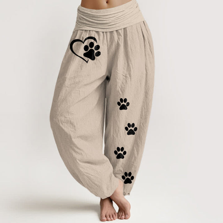 Buddha Stones Harembroek voor dames met elastische Taille en hartjes- en pootafdrukpatroon van 100% Cotton - Bruinen - US16, UK/AU20, EU48 (3XL) - image 14