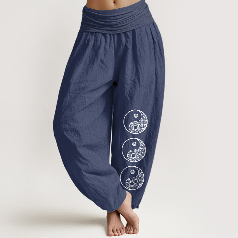 Buddha Stones Harembroek voor dames met elastische Taille en yin-yangpatroon van 100% Cotton - Donker leisteenblauw - US16, UK/AU20, EU48 (3XL) - image 8