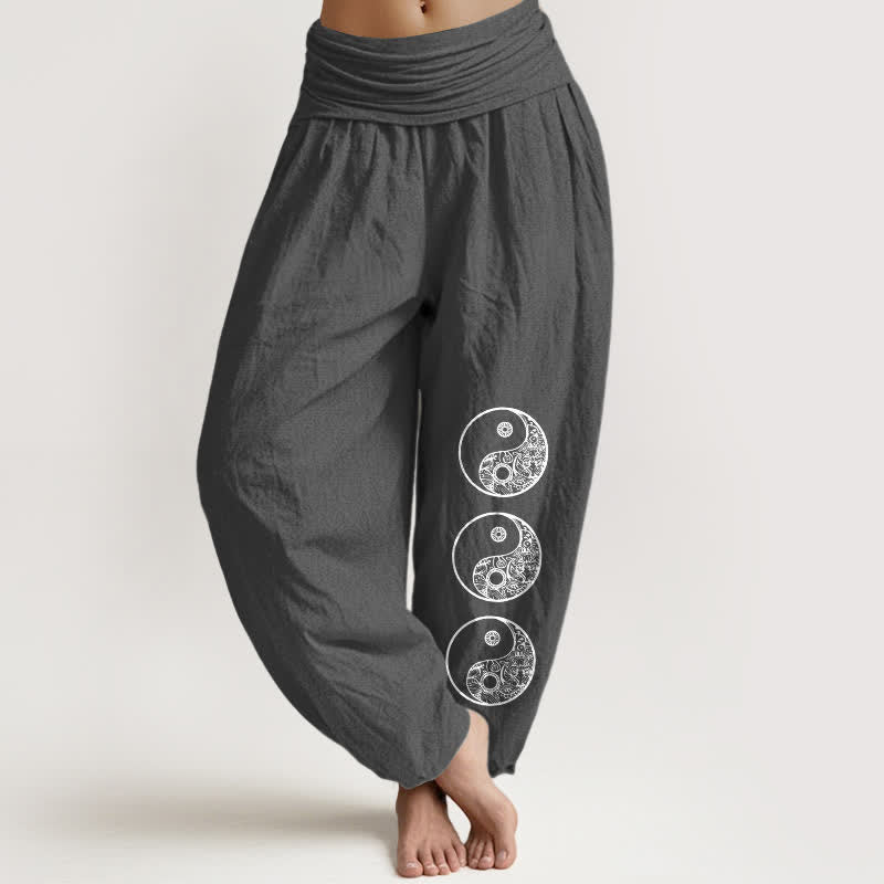 Buddha Stones Harembroek voor dames met elastische Taille en yin-yangpatroon van 100% Cotton - Donkergrijs - US16, UK/AU20, EU48 (3XL) - image 0
