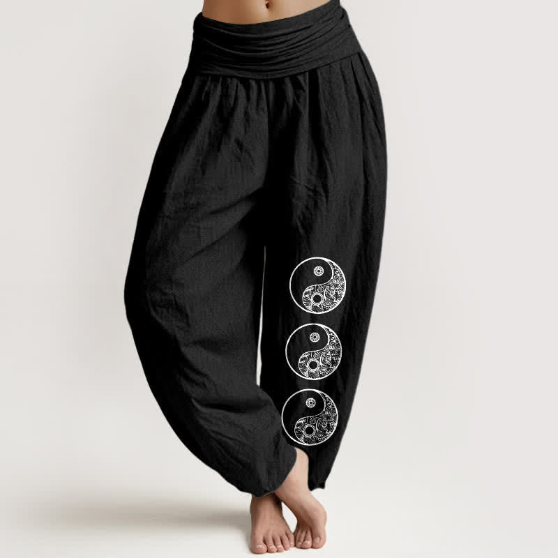 Buddha Stones Harembroek voor dames met elastische Taille en yin-yangpatroon van 100% Cotton - Zwart - US16, UK/AU20, EU48 (3XL) - image 5
