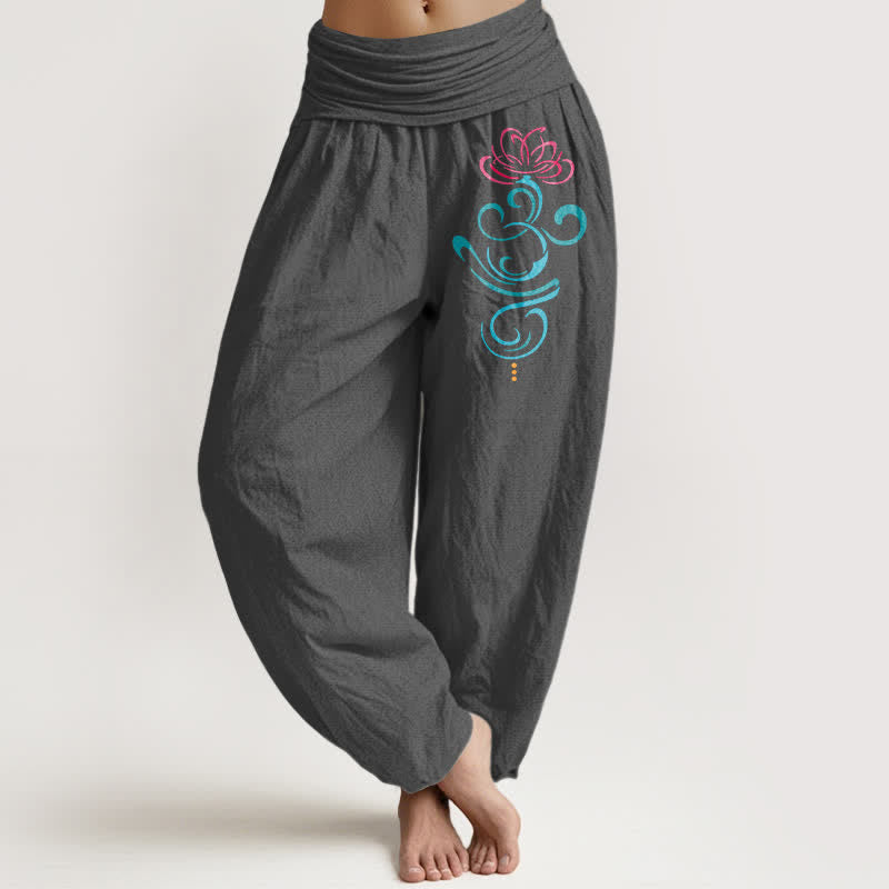 Buddha Stones Harembroek voor dames met elastische Taille en lotusrankmotief , 100% Cotton. - Donkergrijs - US16, UK/AU20, EU48 (3XL) - image 8