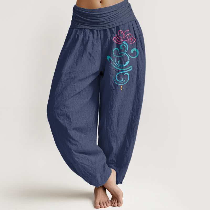 Buddha Stones Harembroek voor dames met elastische Taille en lotusrankmotief , 100% Cotton. - Donker leisteenblauw - US16, UK/AU20, EU48 (3XL) - image 5