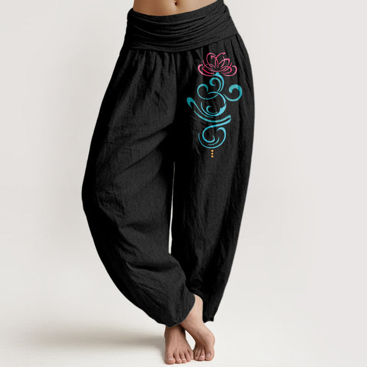 Buddha Stones Harembroek voor dames met elastische Taille en lotusrankmotief , 100% Cotton. - Zwart - US16, UK/AU20, EU48 (3XL) - image 0