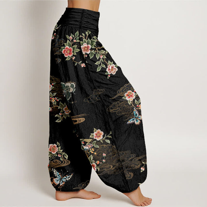 Buddha Stones Harembroek voor dames met elastische Taille en bloemen- en vlinderprint van 100% Cotton - image 2