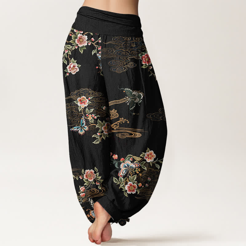 Buddha Stones Harembroek voor dames met elastische Taille en bloemen- en vlinderprint van 100% Cotton - image 1