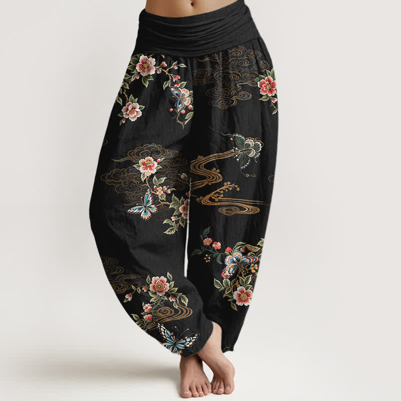 Buddha Stones Harembroek voor dames met elastische Taille en bloemen- en vlinderprint van 100% Cotton - Zwart - US16, UK/AU20, EU48 (3XL) - image 0