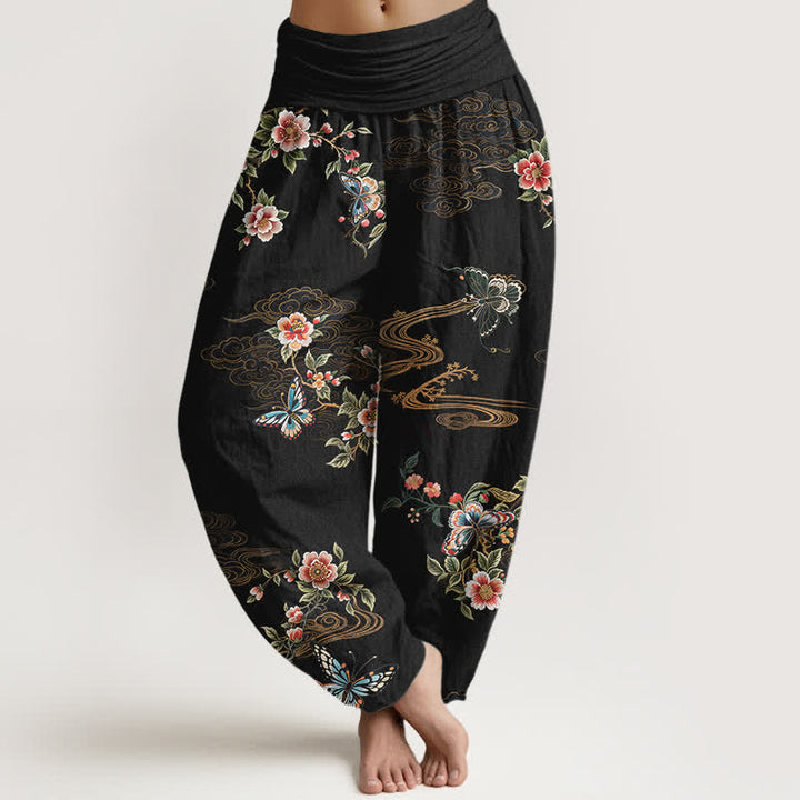 Buddha Stones Harembroek voor dames met elastische Taille en bloemen- en vlinderprint van 100% Cotton - Zwart - US16, UK/AU20, EU48 (3XL) - image 0