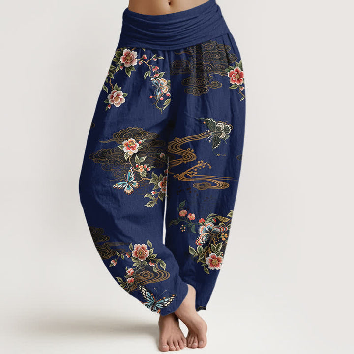 Buddha Stones Harembroek voor dames met elastische Taille en bloemen- en vlinderprint van 100% Cotton - Marine - US16, UK/AU20, EU48 (3XL) - image 5