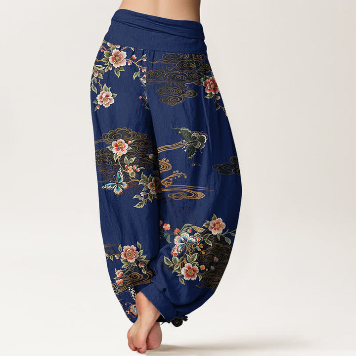 Buddha Stones Harembroek voor dames met elastische Taille en bloemen- en vlinderprint van 100% Cotton - image 6