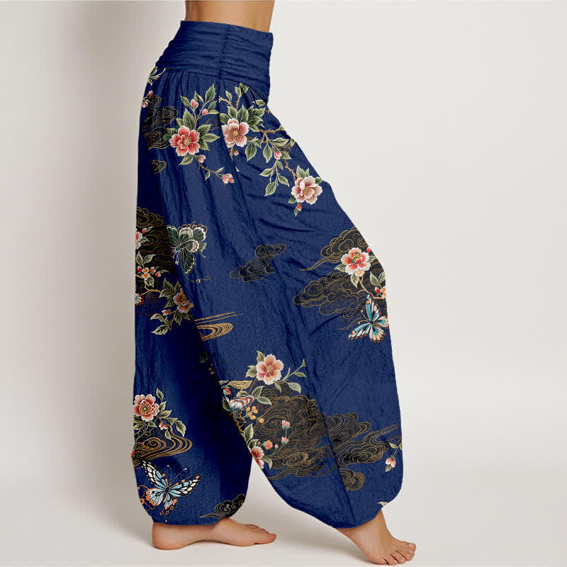Buddha Stones Harembroek voor dames met elastische Taille en bloemen- en vlinderprint van 100% Cotton - image 7