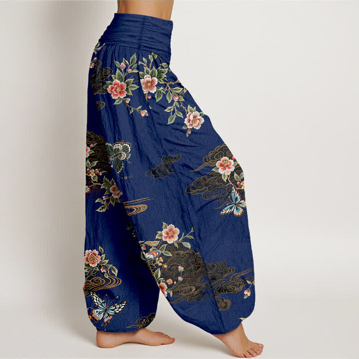 Buddha Stones Harembroek voor dames met elastische Taille en bloemen- en vlinderprint van 100% Cotton - image 7