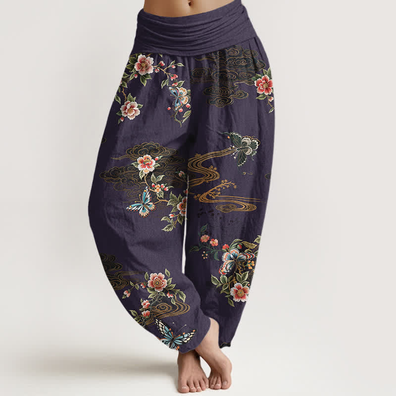 Buddha Stones Harembroek voor dames met elastische Taille en bloemen- en vlinderprint van 100% Cotton - Indigo - US16, UK/AU20, EU48 (3XL) - image 8