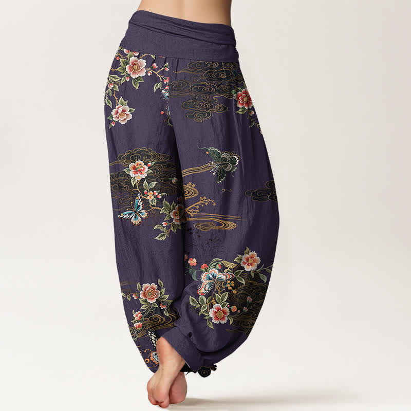 Buddha Stones Harembroek voor dames met elastische Taille en bloemen- en vlinderprint van 100% Cotton - image 9