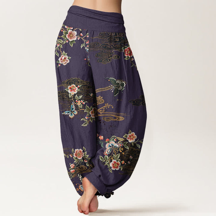Buddha Stones Harembroek voor dames met elastische Taille en bloemen- en vlinderprint van 100% Cotton - image 9