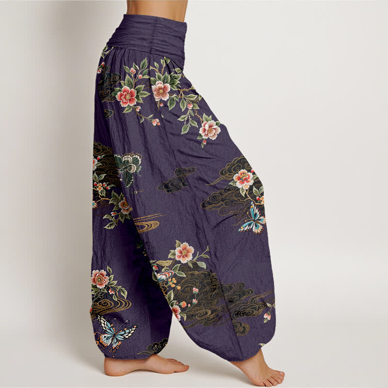 Buddha Stones Harembroek voor dames met elastische Taille en bloemen- en vlinderprint van 100% Cotton - image 10