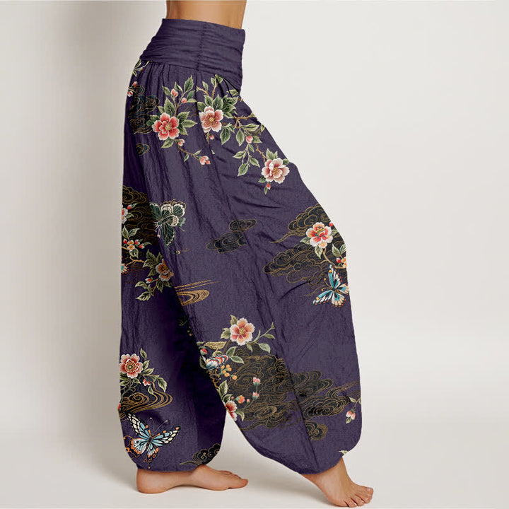 Buddha Stones Harembroek voor dames met elastische Taille en bloemen- en vlinderprint van 100% Cotton - image 10