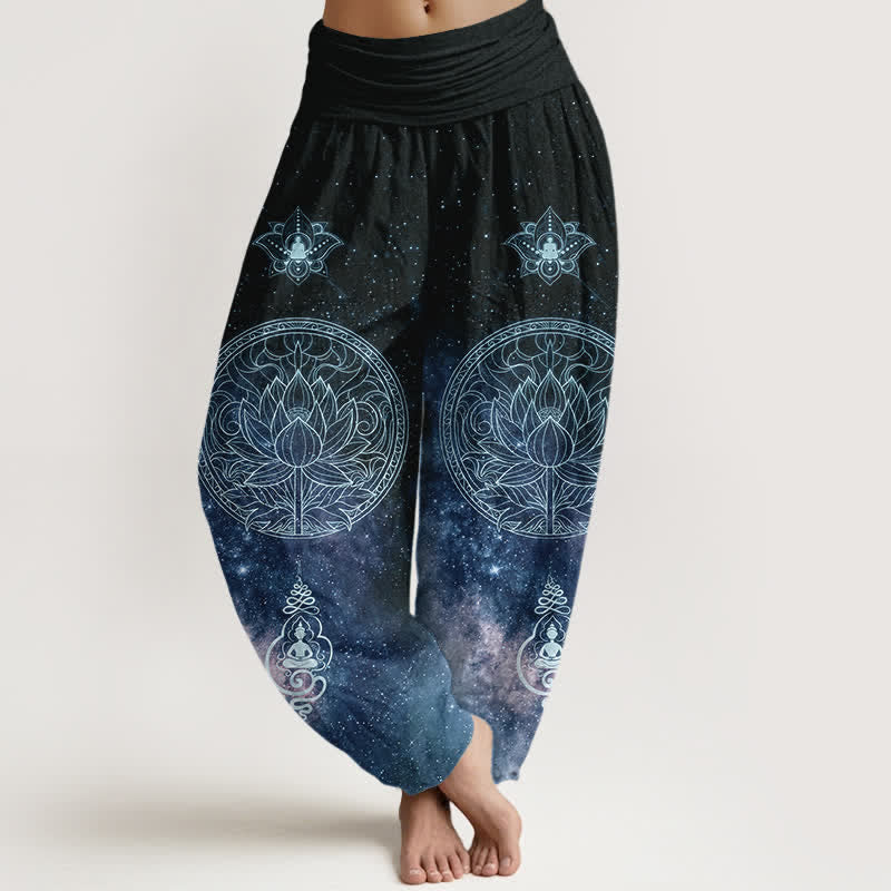Buddha Stones Dames harembroek met elastische Taille en hemels lotusmandala-patroon - Middernachtblauw - US16, UK/AU20, EU48 (3XL) - image 0