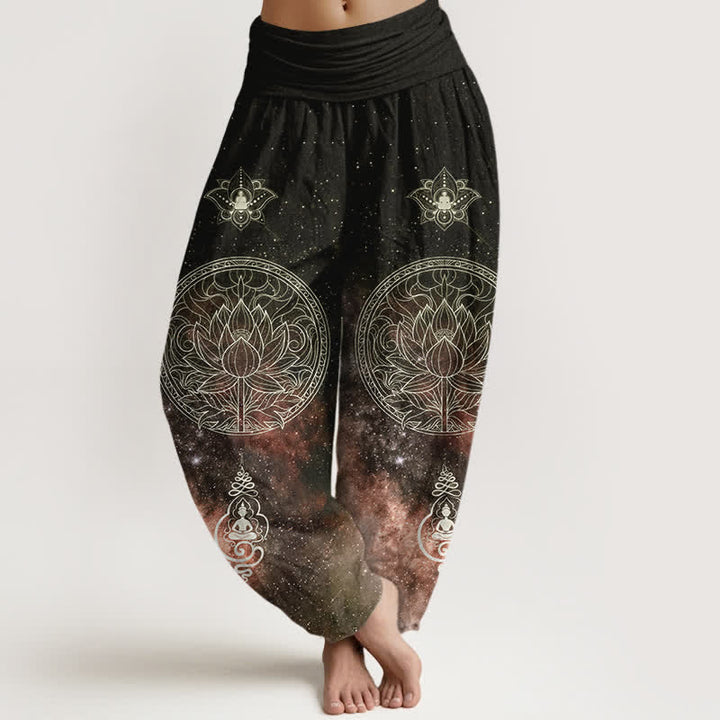 Buddha Stones Dames harembroek met elastische Taille en hemels lotusmandala-patroon - Zadelbruin - US16, UK/AU20, EU48 (3XL) - image 8
