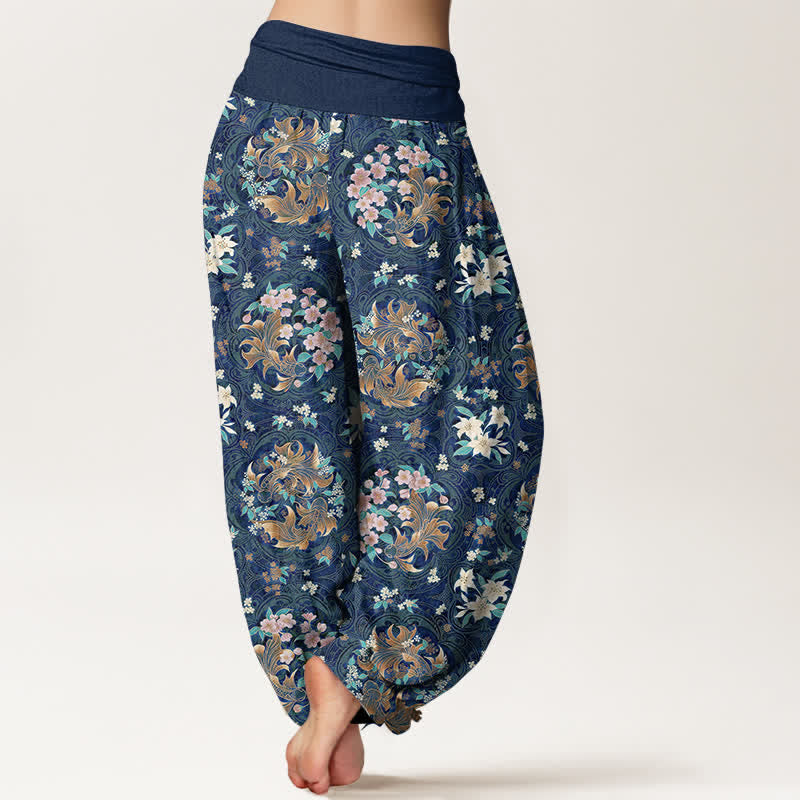 Buddha Stones Harembroek voor dames van 100% Cotton met bloemenmedaillonpatroon en elastische Taille - image 1