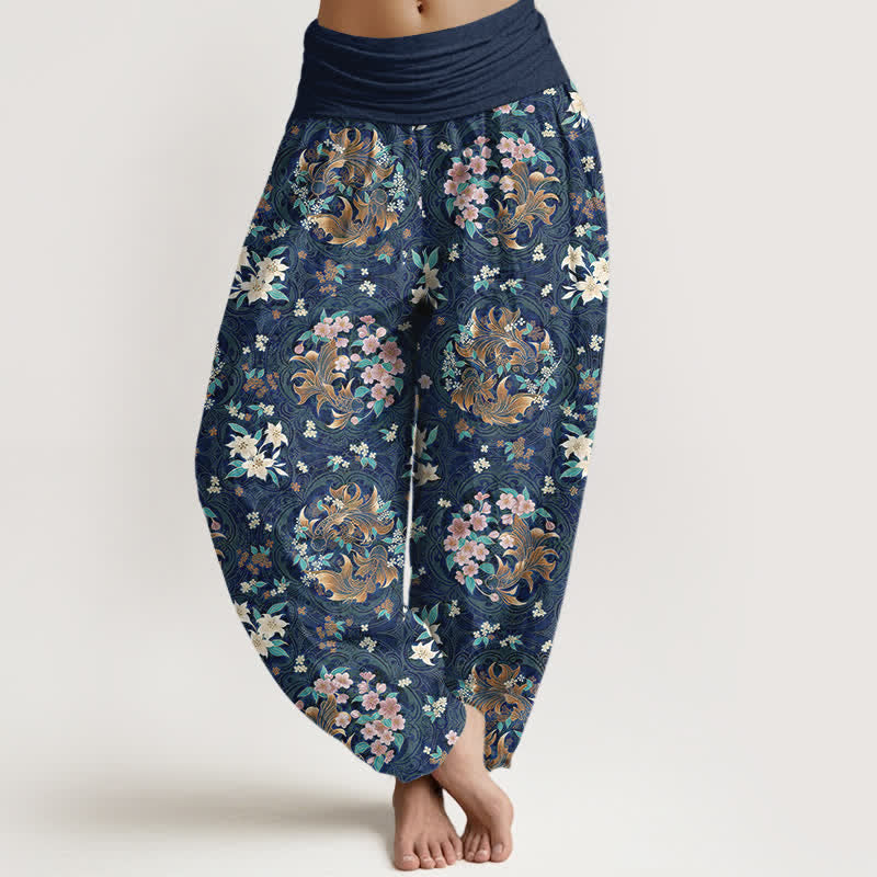 Buddha Stones Harembroek voor dames van 100% Cotton met bloemenmedaillonpatroon en elastische Taille - Marine - US16, UK/AU20, EU48 (3XL) - image 0