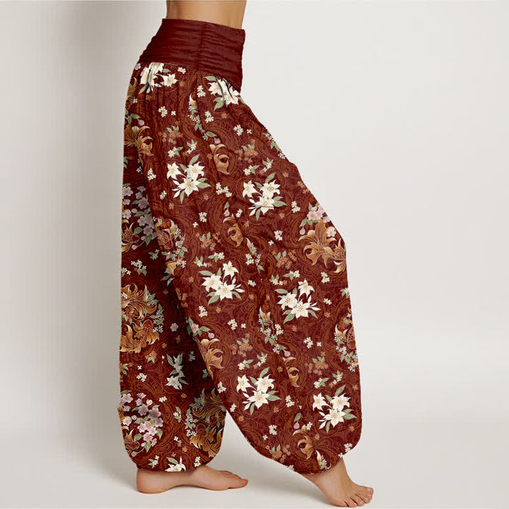 Buddha Stones Harembroek voor dames van 100% Cotton met bloemenmedaillonpatroon en elastische Taille - image 7