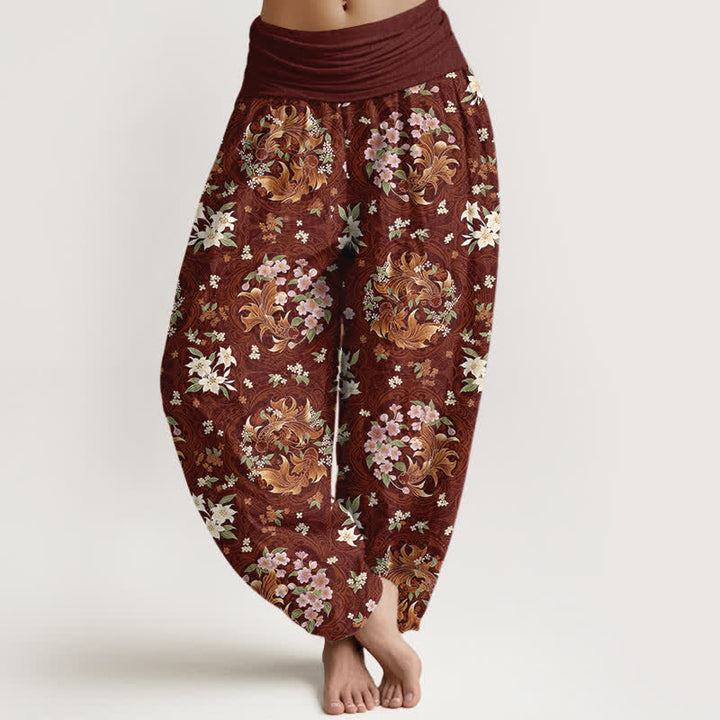 Buddha Stones Harembroek voor dames van 100% Cotton met bloemenmedaillonpatroon en elastische Taille - Kastanjebruin - US16, UK/AU20, EU48 (3XL) - image 5