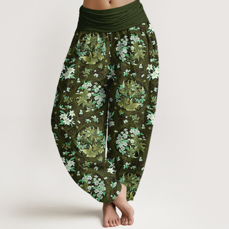Buddha Stones Harembroek voor dames van 100% Cotton met bloemenmedaillonpatroon en elastische Taille - Donker olijfgroen - US16, UK/AU20, EU48 (3XL) - image 8