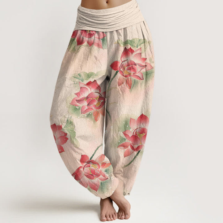 Buddha Stones Dames harembroek met elastische Taille en lotusbloemmotief - Linnen - US16, UK/AU20, EU48 (3XL) - image 0