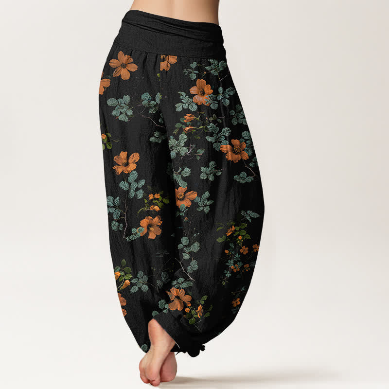 Buddha Stones Dames harembroek met elastische Taille en oranje katoenen bloemen- en bladmotief - image 1