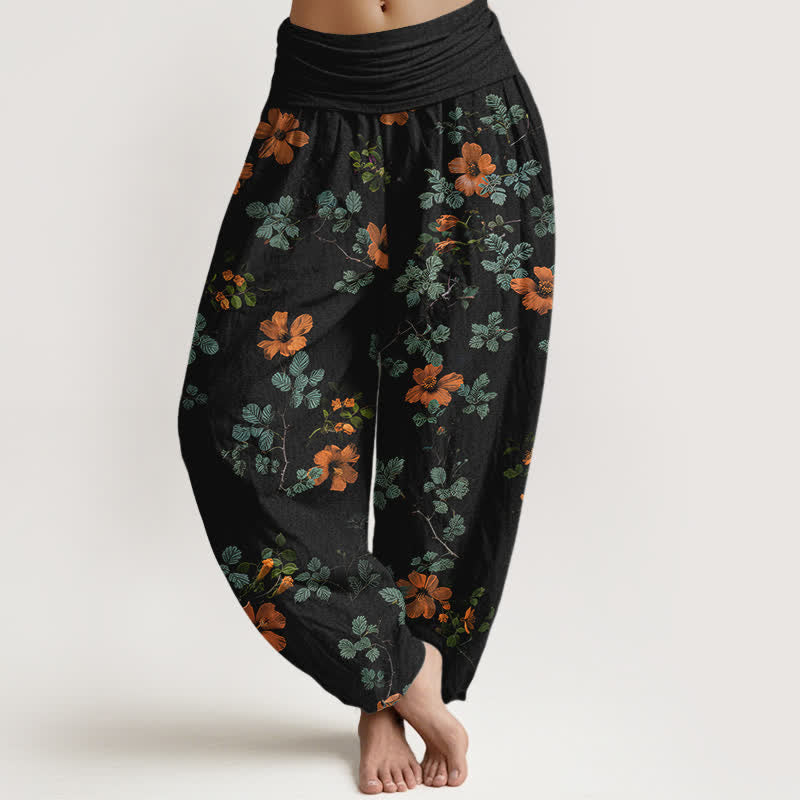 Buddha Stones Dames harembroek met elastische Taille en oranje katoenen bloemen- en bladmotief - Zwart - US16, UK/AU20, EU48 (3XL) - image 0