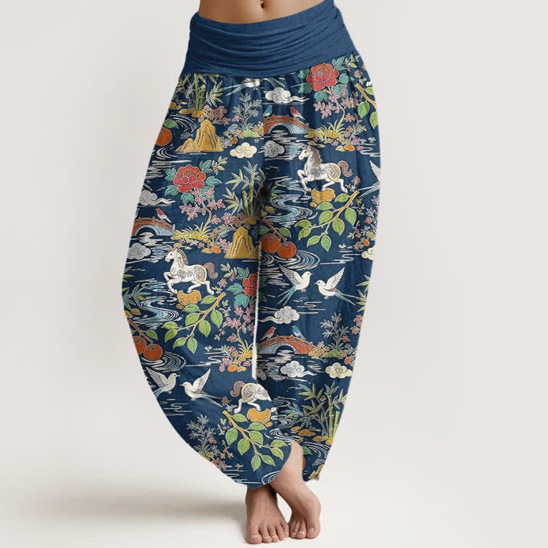 Buddha Stones Dames harembroek met elastische Taille en paarden-, vogel- en bloemenpatroon - Marine - US16, UK/AU20, EU48 (3XL) - image 0
