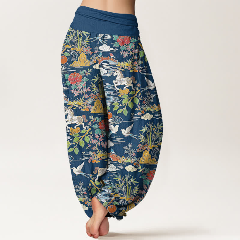Buddha Stones Dames harembroek met elastische Taille en paarden-, vogel- en bloemenpatroon - image 1
