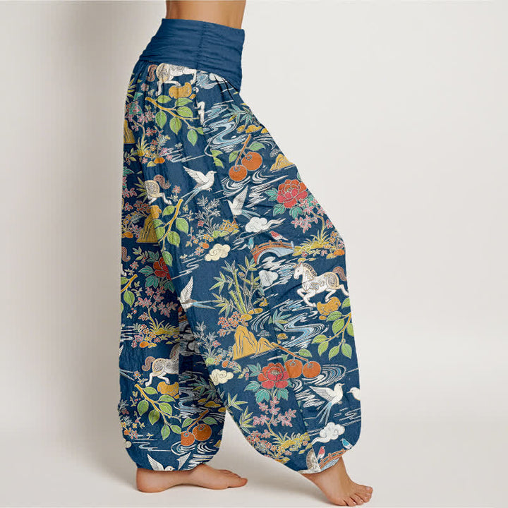 Buddha Stones Dames harembroek met elastische Taille en paarden-, vogel- en bloemenpatroon - image 2