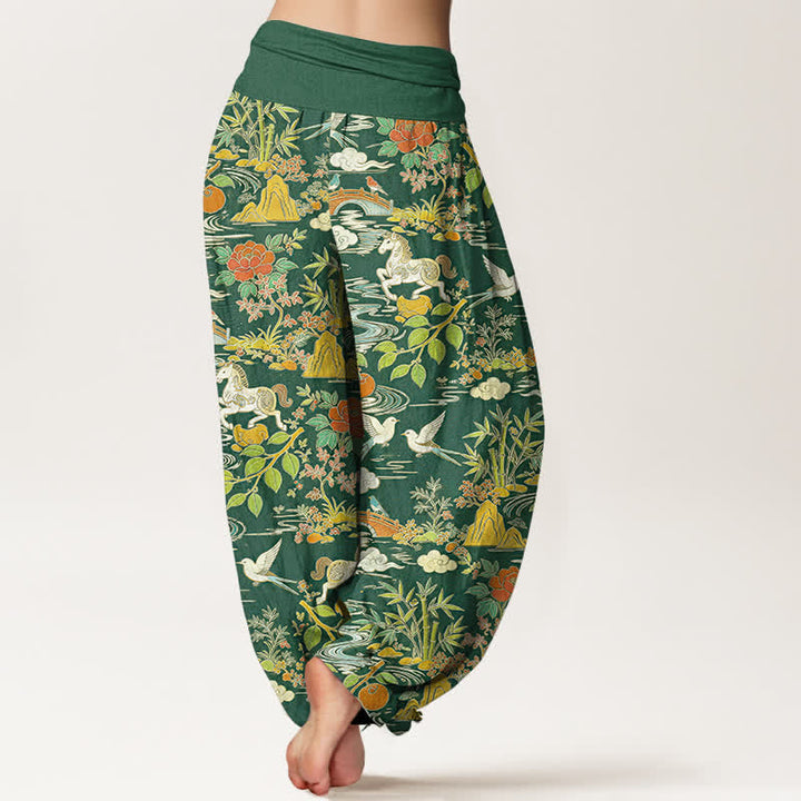 Buddha Stones Dames harembroek met elastische Taille en paarden-, vogel- en bloemenpatroon - image 6