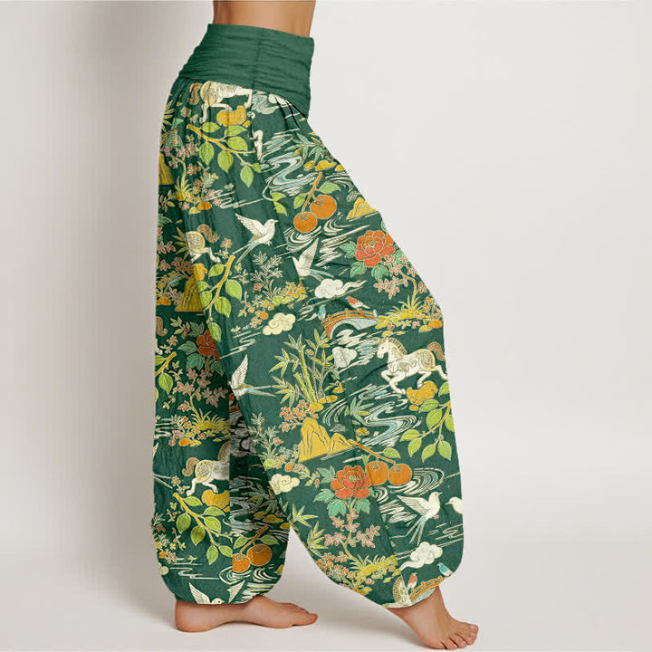 Buddha Stones Dames harembroek met elastische Taille en paarden-, vogel- en bloemenpatroon - image 7