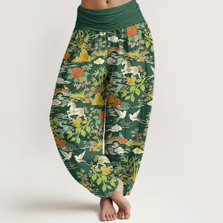 Buddha Stones Dames harembroek met elastische Taille en paarden-, vogel- en bloemenpatroon - Bosgroen - US16, UK/AU20, EU48 (3XL) - image 5