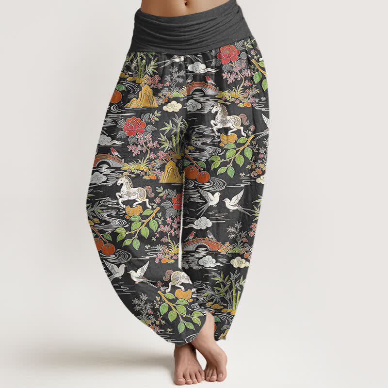 Buddha Stones Dames harembroek met elastische Taille en paarden-, vogel- en bloemenpatroon - Donkergrijs - US16, UK/AU20, EU48 (3XL) - image 8