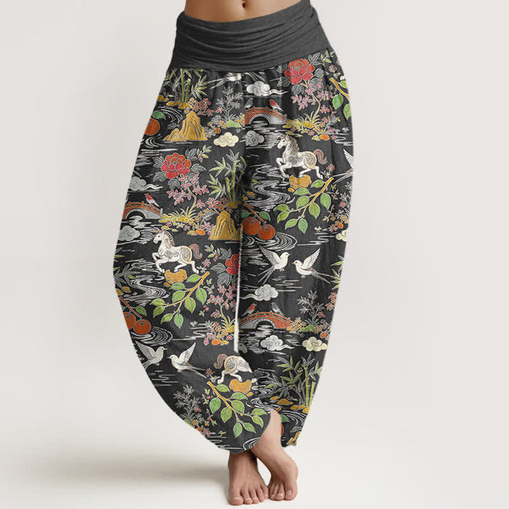 Buddha Stones Dames harembroek met elastische Taille en paarden-, vogel- en bloemenpatroon - Donkergrijs - US16, UK/AU20, EU48 (3XL) - image 8