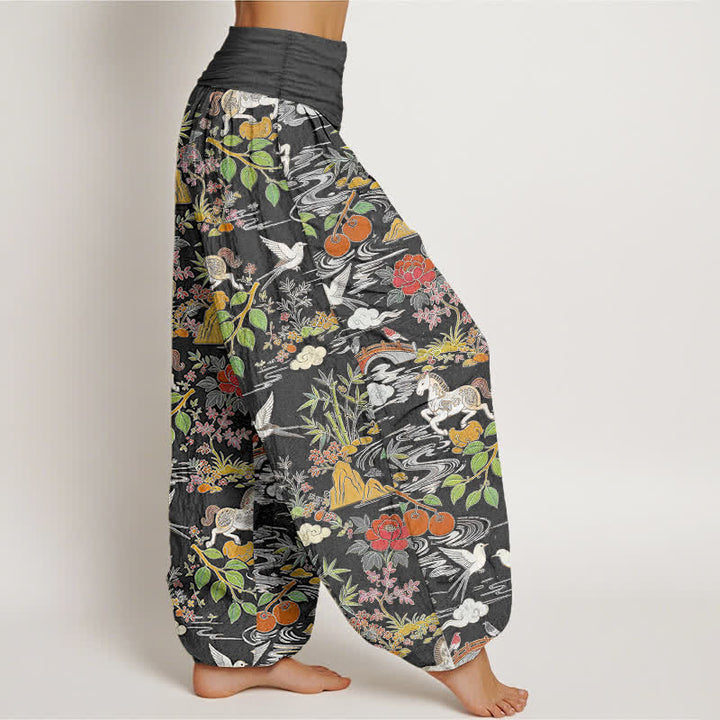 Buddha Stones Dames harembroek met elastische Taille en paarden-, vogel- en bloemenpatroon - image 10