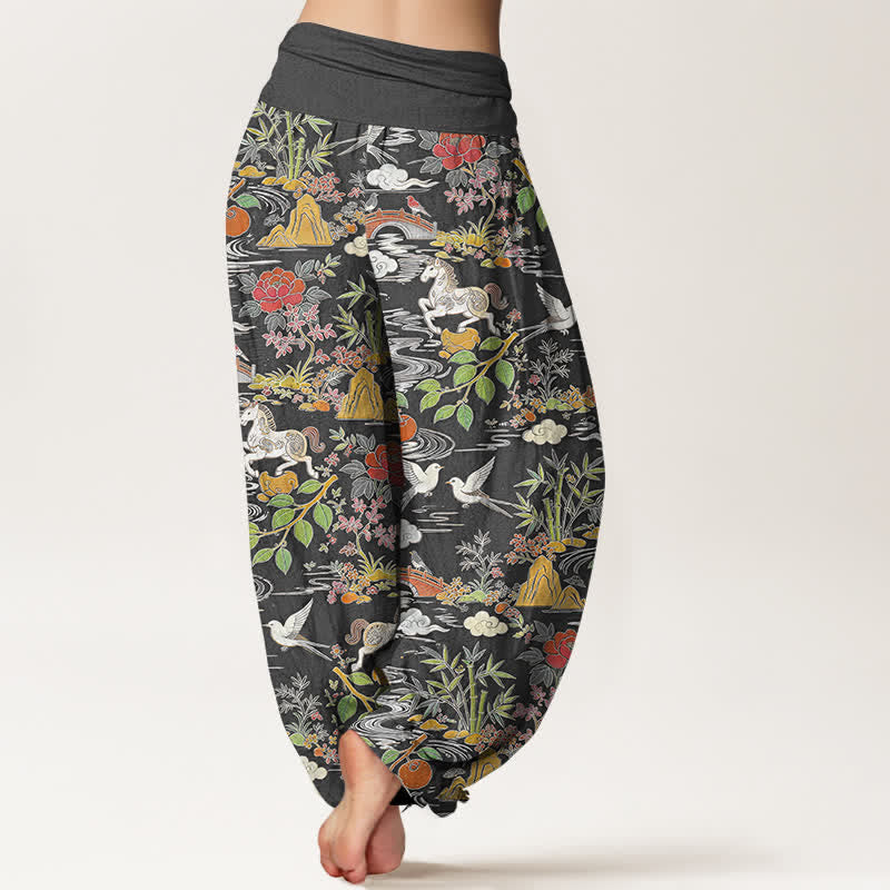 Buddha Stones Dames harembroek met elastische Taille en paarden-, vogel- en bloemenpatroon - image 9