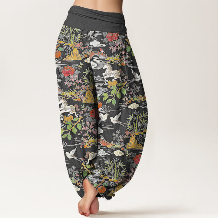 Buddha Stones Dames harembroek met elastische Taille en paarden-, vogel- en bloemenpatroon - image 9