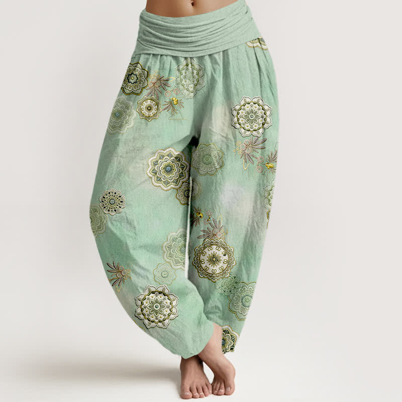 Buddha Stones Harembroek voor dames met elastische Taille en mandala- en bladmotief van 100% Cotton - Middelgroot Lentegroen - US16, UK/AU20, EU48 (3XL) - image 0