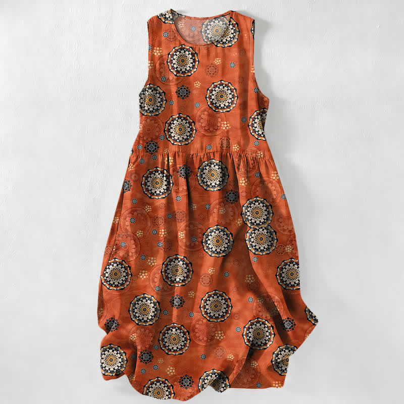 Buddha Stones Zomerse casual Midi -jurk voor dames met mandala-medaillonpatroon, Mouwloos en met Zakken. - Donkeroranje - US16, UK/AU20, EU48 (3XL) - image 0